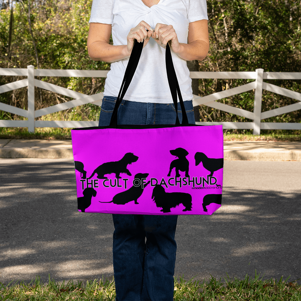 the cult of dachshund.....dachshund width tote bag