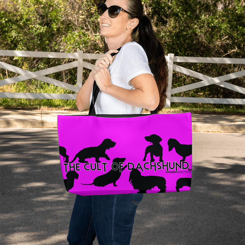 the cult of dachshund.....dachshund width tote bag